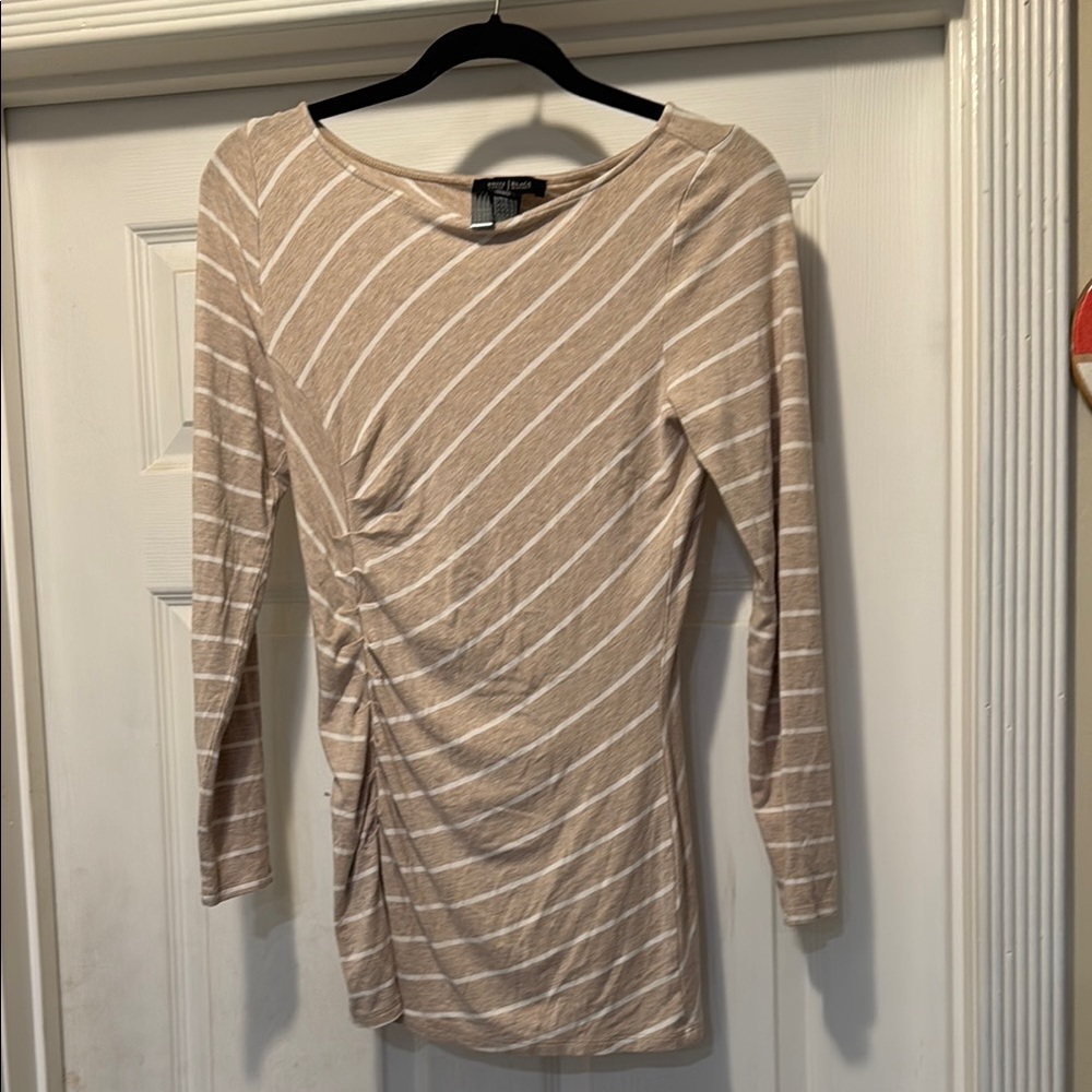 White House Black Market Beige and White Striped Long Sleeve Top